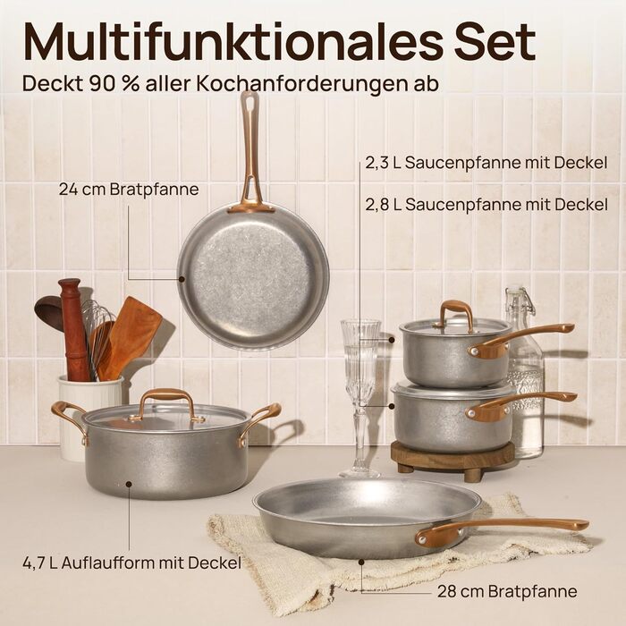 Набір каструль KOKHUB 8 предметів з нержавіючої сталі для індукційних плит, вінтажний стиль, без PFOA/PFAS/PTFE, підходить для всіх типів плит та духовки, можна мити в посудомийній машині