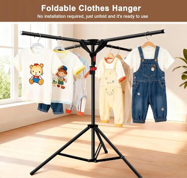 Сушарка для білизни Standtrockner з 4 крилами, 10 гачків та кліпсою для шкарпеток. Складана, регульована по висоті, для дому, балкону, кемпінгу (чорний)