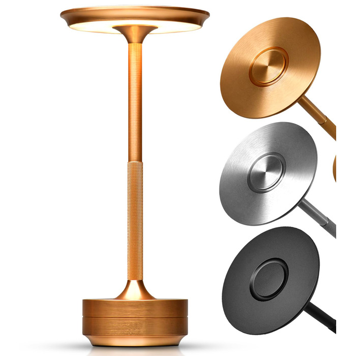 Настільна світлодіодна лампа ELYSIA з акумулятором, диммер, бездротова, сенсорна, IP54 (внутрішнє/зовнішнє), тепле світло (2200K-2700K-3200K), USB-C, алюміній, золота