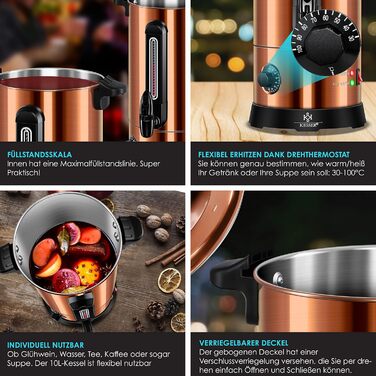 KESSER® 10L Stainless Steel Mulled Wine Boiler Including 10 Cups Mulled Wine Cooker with Thermostat, Mulled Wine Dispenser, Hot Beverage Dispenser, Kettle, Hot Water Dispenser, Canning Machine, Fill Level Indicator, Tap (Copper)