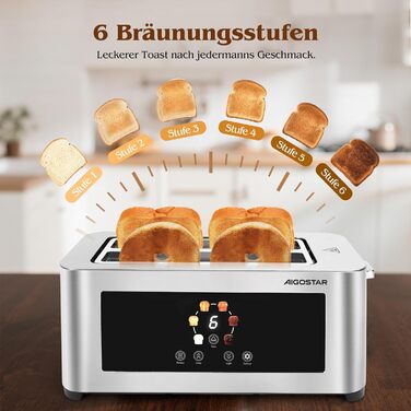 Тостер Aigostar 4-х секційний з LED-сенсорним екраном, нержавіюча сталь, 1400W