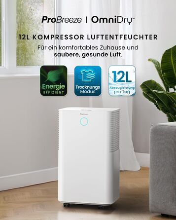 Pro Breeze OmniDry Dehumidifier 12L/24h Dehumidification Performance - Electric Dehumidifier, Humidity Sensor, Drain Hose, Digital Display, Sleep Mode, Timer - Against Humidity, Mold