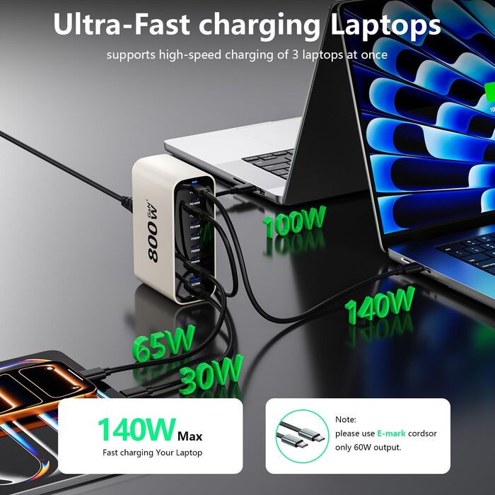 Зарядний пристрій GaN 800W USB-C, 10 портів, для MacBook, Dell, iPhone, Galaxy, ноутбуків, планшетів - Швидка зарядка