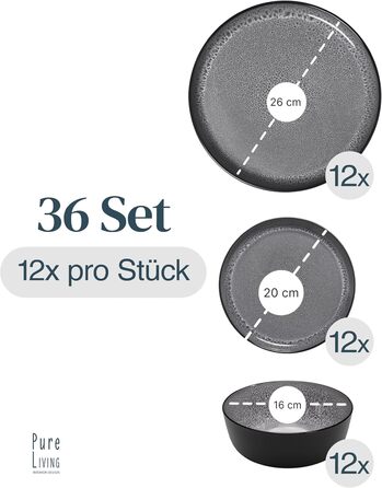 Набір посуду з кераміки Pure Living Ibiza 36 предметів (12 осіб), сірий колір