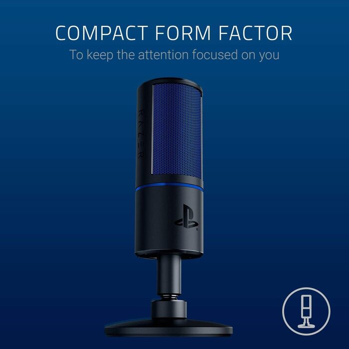 Razer Seiren X для PlayStation - USB конденсаторний мікрофон для стрімінгу PS4/PS5 (чорно-синій) з антивібраційним кріпленням та кнопкою вимкнення звуку