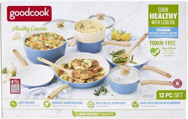 Набір посуду GoodCook Gesundes Keramik 12 предметів блакитного кольору: каструлі, пароварка, лопатки, сковорідки - індукційний посуд