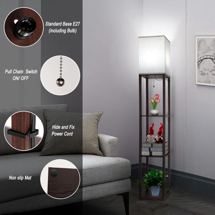 Світлодіодна торшер з дерева, 1.6м, з цоколюванням E27 (3000K-5000K), ретро торшер з 3 полицями, 3 колірні температури, настільна лампа з абажуром для спальні, кута, вітальні, офісу (коричневий)
