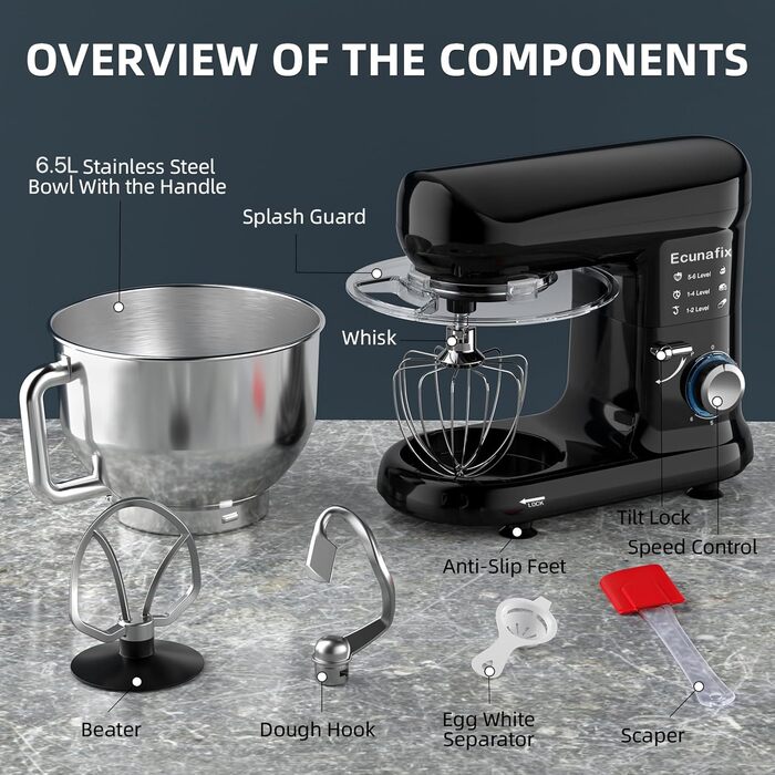 Кухонна машина-міксер з чашею 6.5л з нержавіючої сталі, 2000W, 6 швидкостей, для тіста та міксування, з набором насадок (вічорник, гак для тіста, вінчик) та захистом від бризок, чорна
