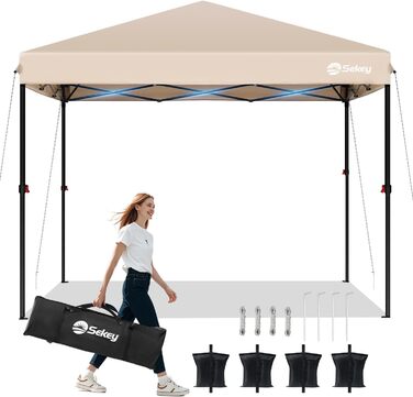 Sekey One-Touch Pop-Up Pavilion 3x3 Waterproof Stable Winter-Proof, Folding Pavilion 3x3m with Thickened Tubes, Party Tent Pavilion Foldable for Camping Festival Party, Khaki