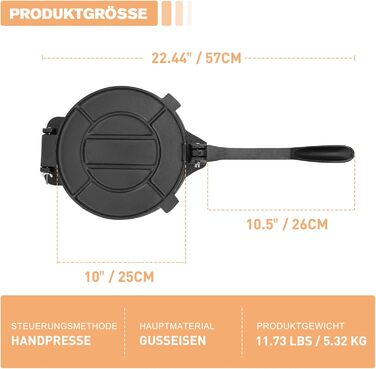 Пресс для тортилій з чавуну 25 см, ротатор, прес для тако, чорний