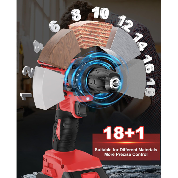 Акумуляторний шуруповерт 21V з набором 2 акумуляторів та 14 аксесуарів, кейс, 42Nm, 18+1 режимів, 10мм патрон, для дому