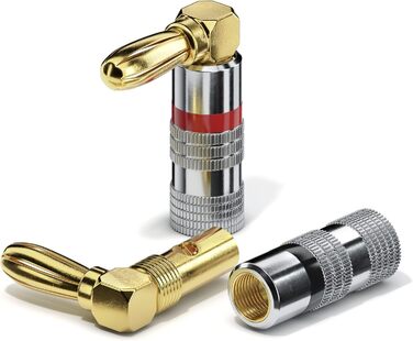 Бананові конектори Sonero® для акустичних кабелів до 6 мм², 4 шт. з кольоровим кодуванням (12x червоний, 12x чорний), 24K позолота (набір 4 шт., кут 90°, Single)