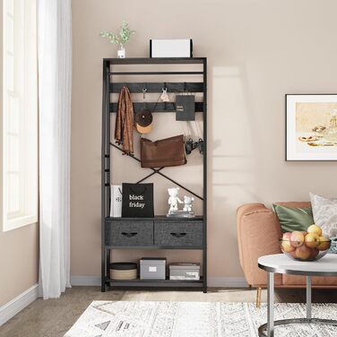 YITAHOME Entryway Storage Bench with Shoe Cabinet, Freestanding Entryway Bench with Bank and 2 Folding Drawers, Industrial Coat Rack with 8 Hooks for Entryway, Living Room, Bedroom, Metal Frame, Rustic Brown (Black)