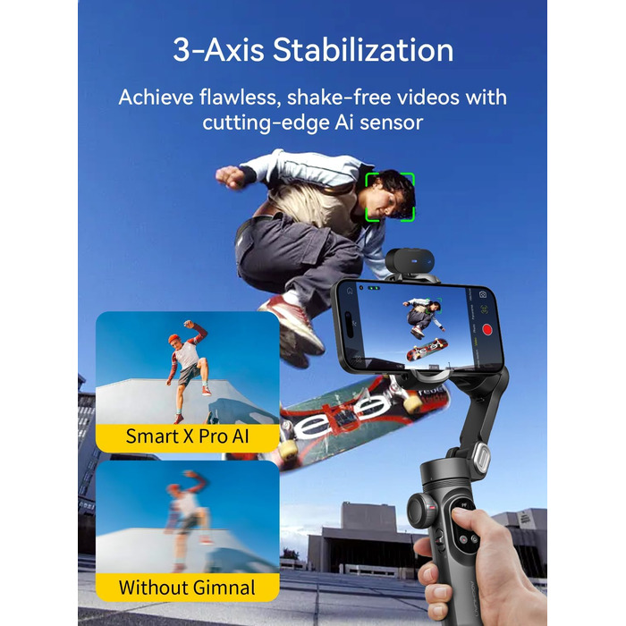 Стабілізатор для смартфона AOCHUAN 3-осьовий з RGB-підсвічуванням, для iPhone/Android, з функцією відстеження обличчя, для зйомки Vlog (Smart X Pro AI, Чорний)