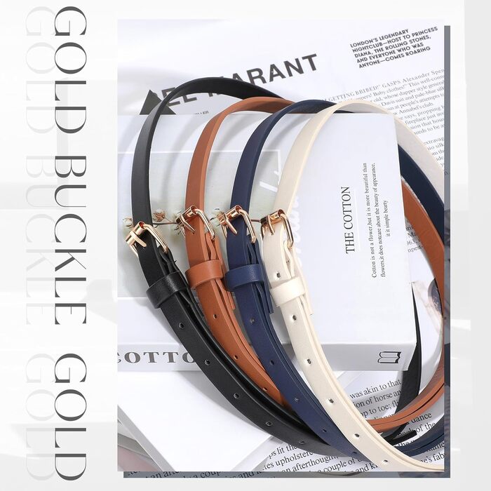 LEACOOLKEY Набір з 4 тонких шкіряних жіночих ременів для суконь та джинсів з золотою пряжкою (100 см) - чорний, коричневий, синій, бежевий