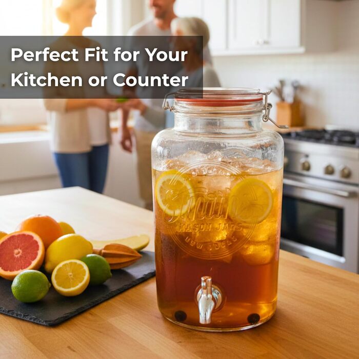Скляний диспенсер для напоїв Smiths Mason Jars з нержавіючою сталею – 5 л, для вечірок та заходів на відкритому повітрі