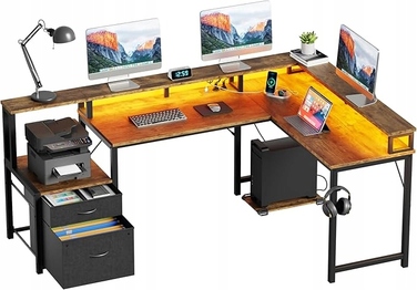 Великий кутовий ігровий стіл у формі L з LED-підсвіткою та полицею, 168x100 см