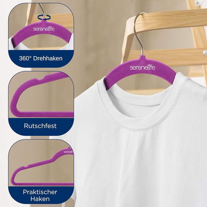 Серія з 10 вешалок для одягу SereneLife з оксамиту - компактні, неслизькі, з поворотним гачком 360°, для зберігання та організації одягу, 10 шт. (фіолетові)