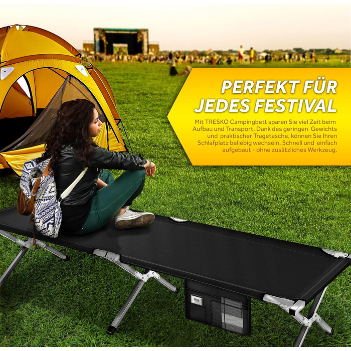 Кемпінгове ліжко TRESKO XXL, 190 x 64 x 44 см, металевий каркас, до 150 кг, чорне