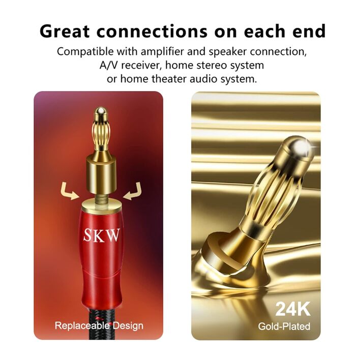 Комплект акустичних кабелів SKW 2м (пара), 14 AWG OFC мідь, екрановані, з позолоченими банановими та гвинтковими роз'ємами, у бавовняному обплетенні, червоні