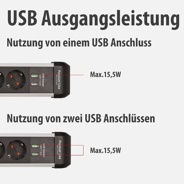 Бренненштуль Premium-Protect-Line Мережевий фільтр 6 виходів з USB та захистом від перенапруги (розподільник з вимикачем, 3м кабель, 2 USB 3.1A, Made in Germany) Сріблястий/чорний