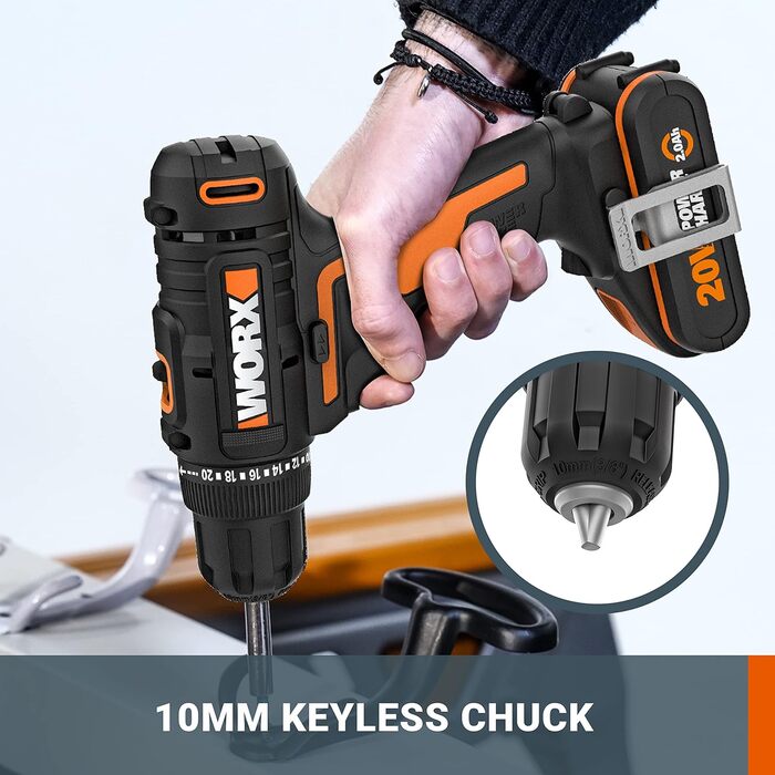 WORX WX100.3 акумуляторний дриль-шуруповерт 18V, PowerShare, 30 Nm, LED, безключовий патрон 10 мм, 2 акумулятори, оранжевий & чорний