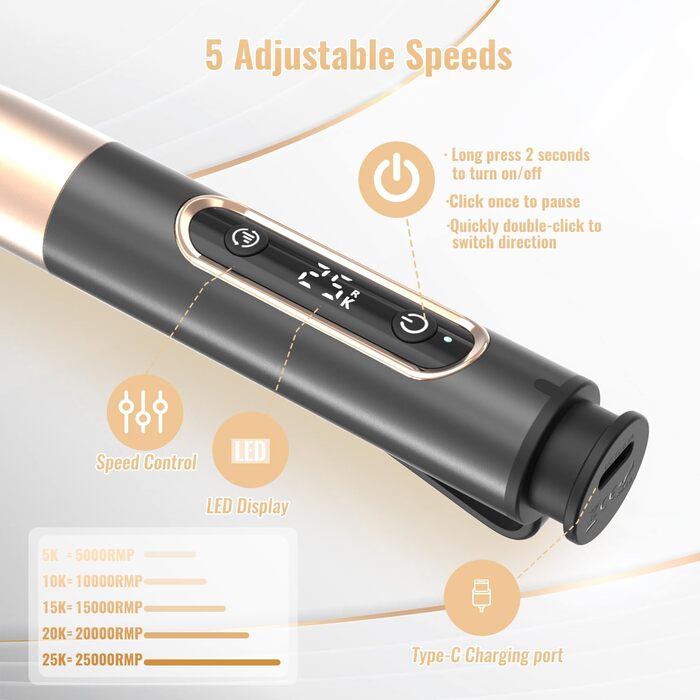 Електричний фрезер для нігтів Denabuty 12 в 1, USB, 25000 об/хв, 5 швидкостей, чорний (DN-2502Z)