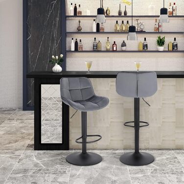 EUGAD Adjustable Bar Stools 2-Pack - 360° Swivel, Backrest, Footrest, Velvet Upholstery, Metal Frame - Dark Grey