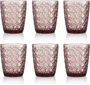 Joeyan 300ml Rosa Wassergläser Vintage, Colored Drinking Glasses with Embossed Design, Colored Glasses Set of 6, Dishwasher Safe