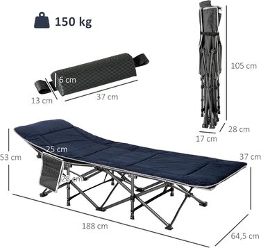 Ліжко кемпінгове складне Outsunny з матрацом, 188x64.5x53 см, до 150 кг, темно-синьо-сіре, для дому, саду, подорожей