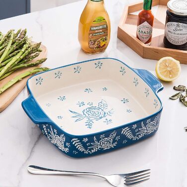 Wisenvoy Backform Ceramic Brownie Pan 9x9 Baking Dish Casserole Dish Lasagna Pan Square Rose Dish Pan Bakeware Sets Blue