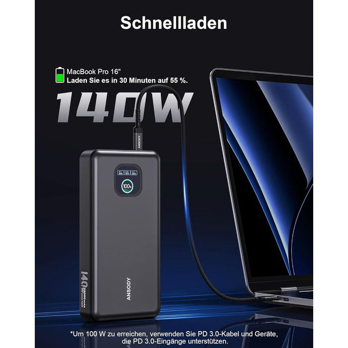 Power Bank 140W, 25000mAh з дисплеєм для ноутбука, MacBook, iPad, iPhone, Switch, Dell XPS (Сірий)