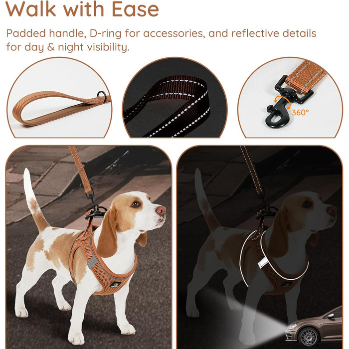 Шлейка для собак BELLA & PAL для маленьких собак з повідком, Step-in шлейка з Air Mesh, анти-тяга, світловідбиваюча, дихаюча, для цуценят, котяча шлейка, мокко, S (35-40 см обхват грудей)