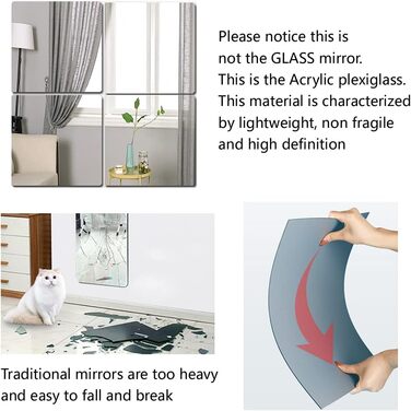 Акрилові дзеркала наклейки на стіну, 35 x 35 см, 4 шт., Плексиглас, Небитливі, Самоклеючі, для монтажу на стіну, Великі, для домашніх тренувань, фітнес-залу, оздоблення плитки