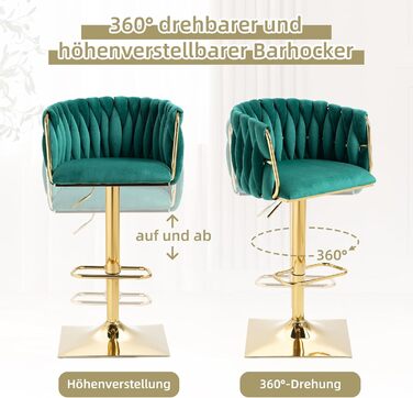 Emerald Velvet Bar Stools 2-Pack - Adjustable Swivel Kitchen Barstools with Backrest for Kitchen & Home Bar