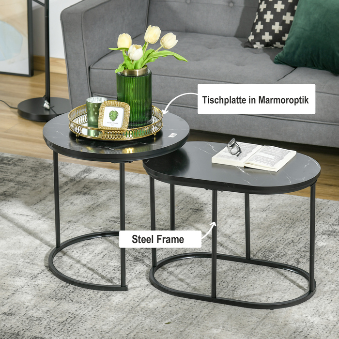 HOMCOM 2-Piece Round Oval Nesting Coffee Table Set - Holds up to 30 kg, Stackable - MDF & Steel Coffee Table, Black - Ø50 x 50 x 5H cm - For Living Room