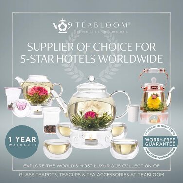Скляний чайник Teabloom 1,2 л з фільтром, термостійкий, для чаю, для мікрохвильовки, 2 чайні квітки в комплекті