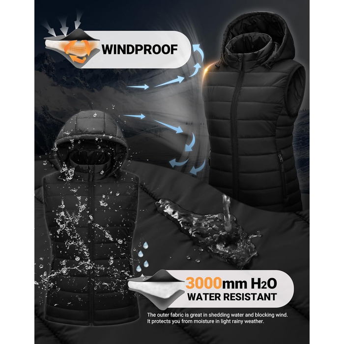 Стьобана жилетка Outdoor Ventures з капюшоном для жінок: тепла спортивна жилетка для походів, кемпінгу та їзди на велосипеді, чорна, XXL