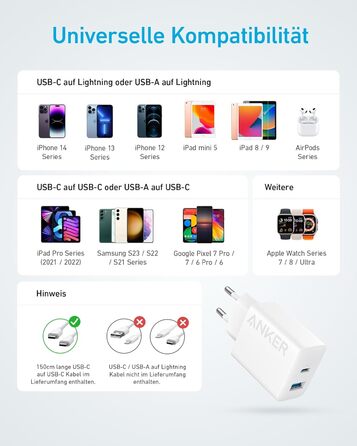 Зарядний пристрій Anker 20W USB-C, адаптер живлення для iPad, швидка зарядка, сумісний з iPhone 17/16/15, кабель USB-C 150 см