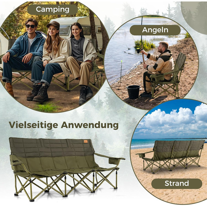 Крісло для кемпінгу Costway, розкладне, з регульованими підлокітниками, тримачами для напоїв та сумкою, вантажопідйомність 272 кг, для кемпінгу, риболовлі, пікніка (Зелений)