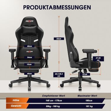 Ігровий крісло Douxlife з масажем та підігрівом, ергономічний офісний крісло з підніжкою, регулювання 90°-175°, підлокітники 2D, для геймерів, чорний, до 181 кг