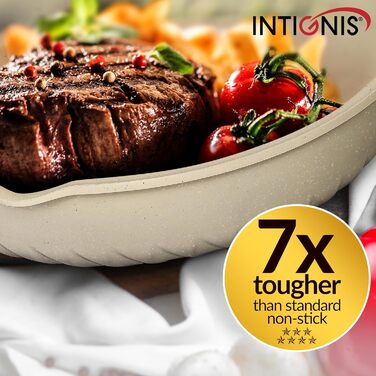 INTIGNIS® Преміум сковорода з кришкою, антипригарна, 30 см, глибока, сумісна з усіма типами плит (включно з індукцією), без хімікатів, з надзвичайною антипригарним покриттям (біла, 30 см)