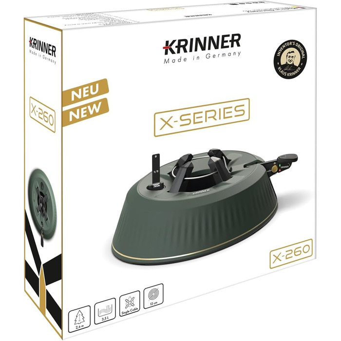KRINNER® X-Series Christmas Tree Stand X-260 New Christmas Tree Stand incl. Foot Pedal and 3.5 Liter Water Tank for Tree Height up to 2.6m Made IN Germany 94325