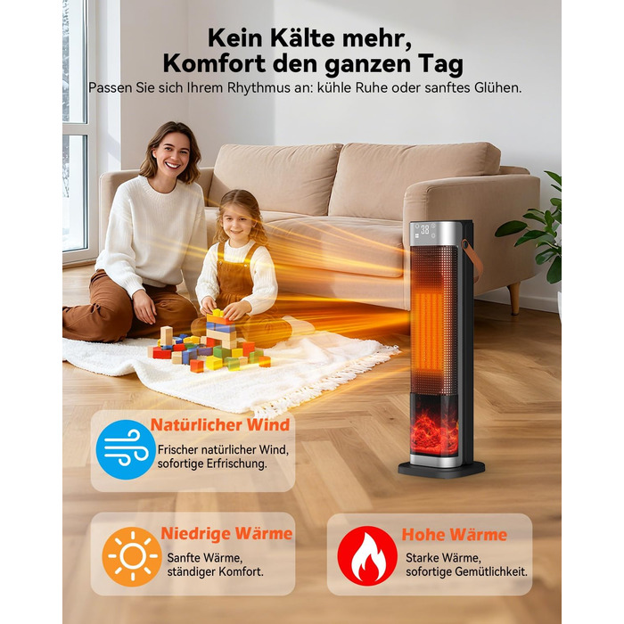 Електричний обігрівач PTC з керамічним нагрівачем, 2200W, з пульт дистанційного керування, 4 режими, таймер 12H, термостат, ECO-режим, осциляція 70°, захист від перегріву та перекидання, для дому та офісу (чорний, 65 см)