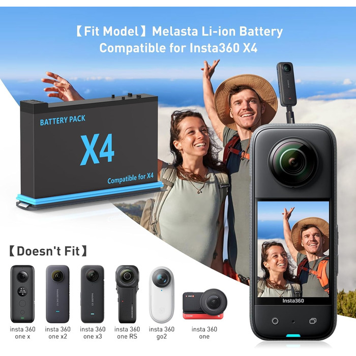 Акумулятор Melasta 2500mAh для Insta360 X4 (2 шт.) з зарядним пристроєм USB-C. Запасний акумулятор для екшн-камери Insta360 X4