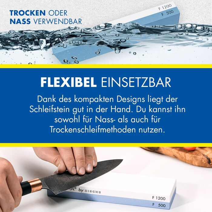 Точило для ножів Zische Missarka Blue - професійне з каменю з корунду, 200x60x25 мм, 2 зернистості FEPA 500/1200