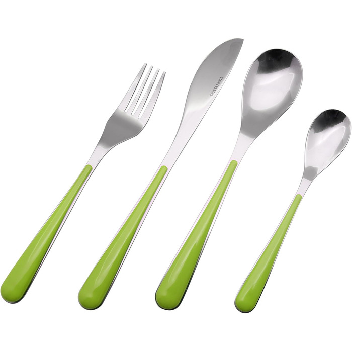 EXZACT Cutlery Set with Stand / 24 PCS Stainless Steel Cutlery Set in a Plastic Holder - Colored Handles - 6 x Forks, 6 x Knives, 6 x Spoons, 6 x Teaspoons - Green (EX153 x 24)