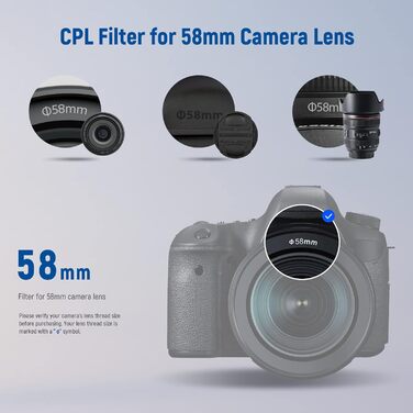 NEEWER 58mm Поляризаційний фільтр (Polfilter/CPL) - Зменшує відблиски, покращує контраст, HD скло