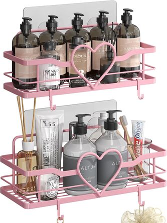 Двостороння поличка для душу без свердління, рожева, з 4 гачками, 11.5 см - органайзер для шампуню та мила