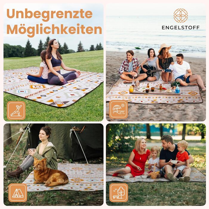 Engelstoff® Waterproof Picnic Blanket - Boho Blanket 200x200 cm - XXL Beach Blanket - Waterproof Blanket for Outdoor Use, Insulated, for Swimming Pools, Beach, Park, Travel, Hiking, Playground, Camping including e-Book
